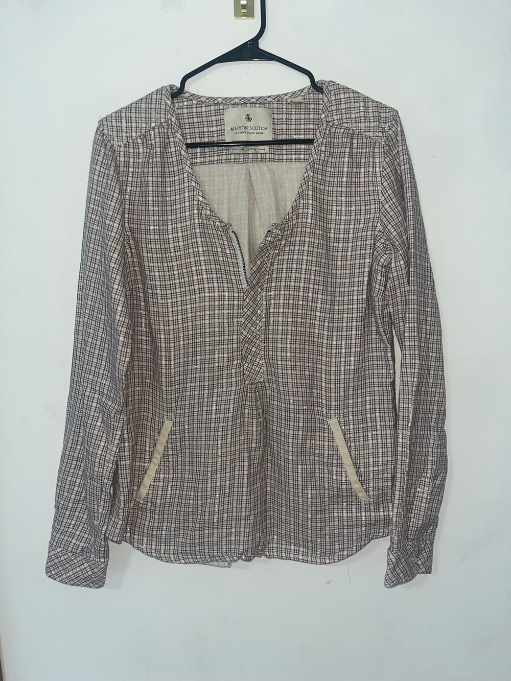 Madison Scotch Quarter Zip Neutral Plaid Cotton Top Sz 3
